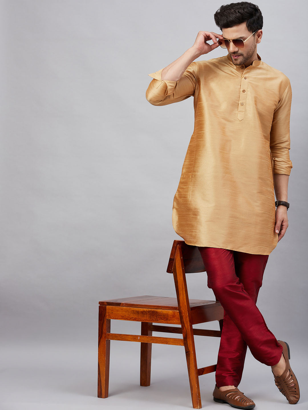 Vastramay mens rose gold silk blend kurta and maroon pant style pyjama set