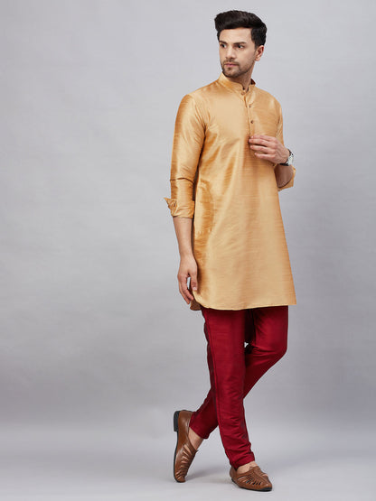 Vastramay mens rose gold silk blend kurta and maroon pant style pyjama set