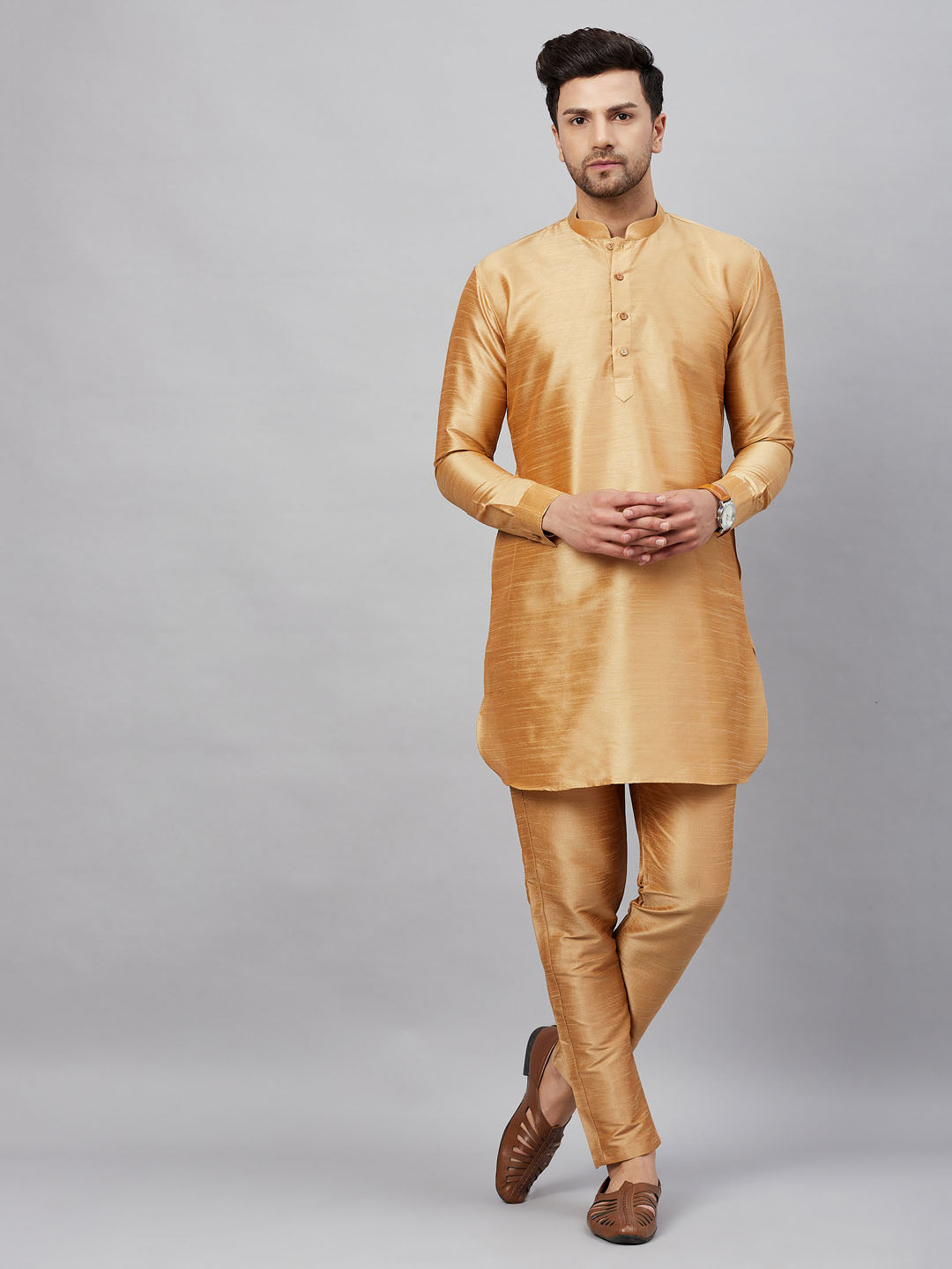 Vastramay mens rose gold silk blend kurta and rose gold pant style pyjama set