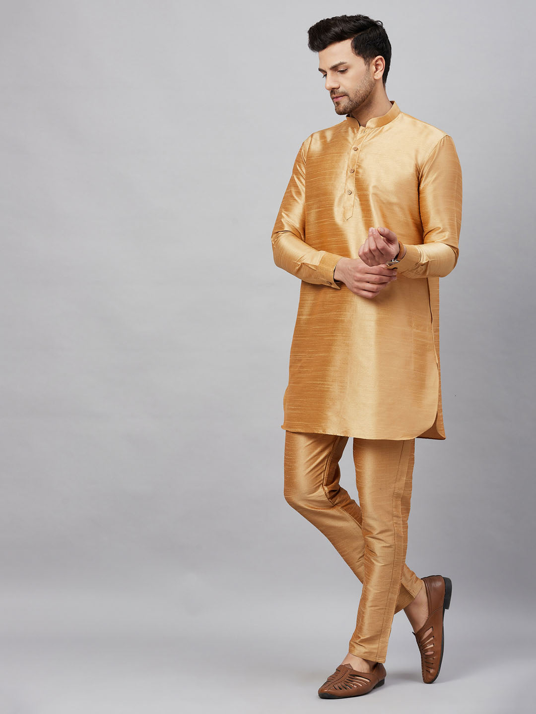 Vastramay mens rose gold silk blend kurta and rose gold pant style pyjama set