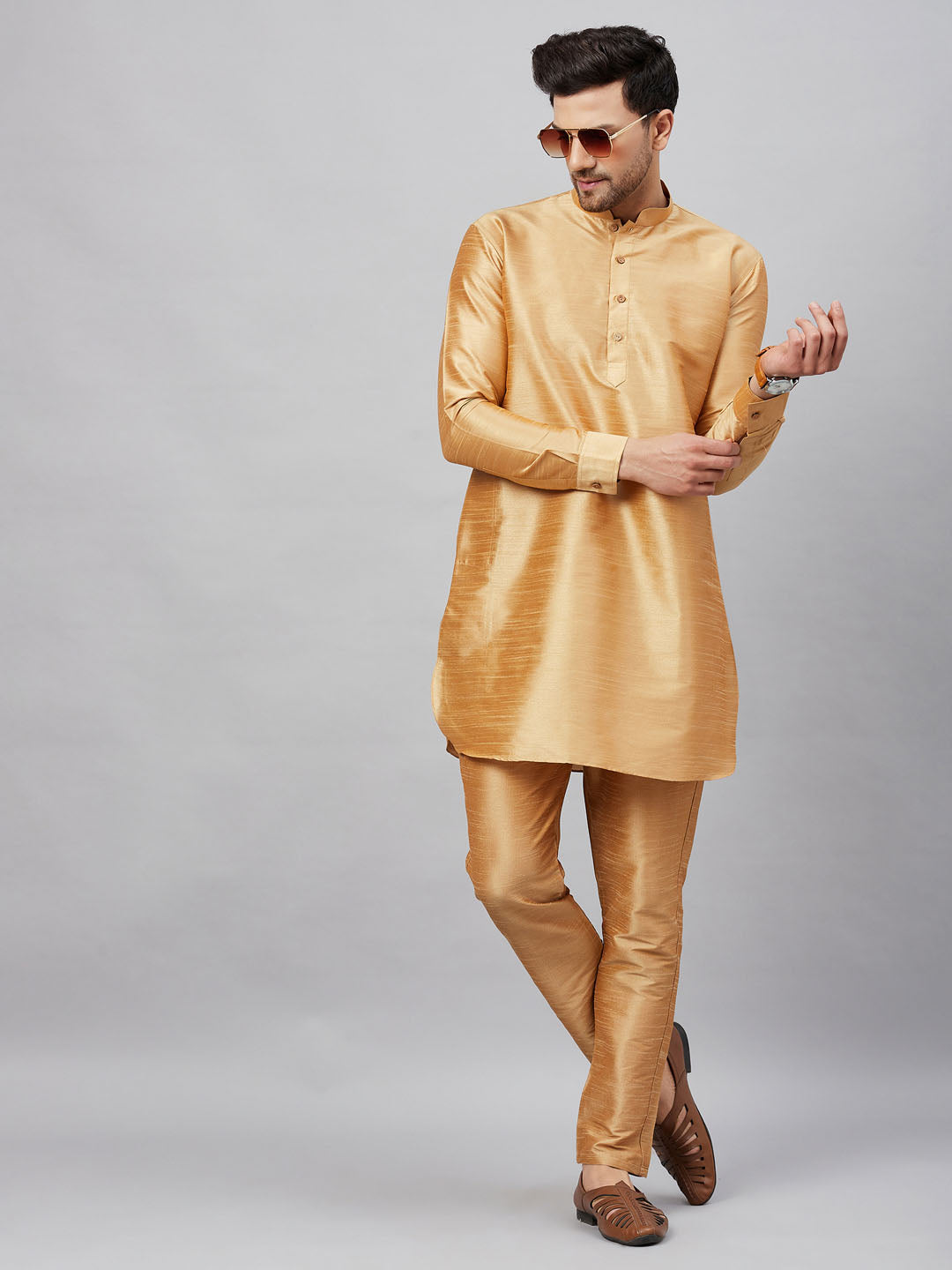 Vastramay mens rose gold silk blend kurta and rose gold pant style pyjama set