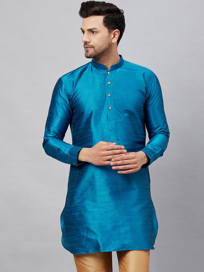 Vastramay Vastramay Men's Turquoise Silk Blend Curved Kurta