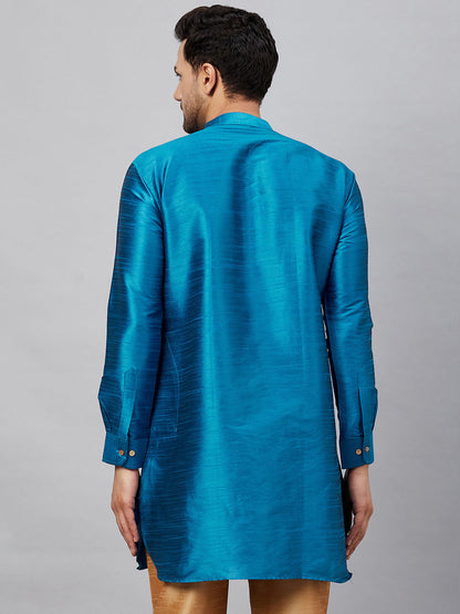 Vastramay Men's Turquoise Silk Blend Curved Kurta