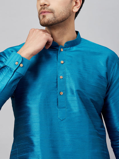 Vastramay Men's Turquoise Silk Blend Curved Kurta