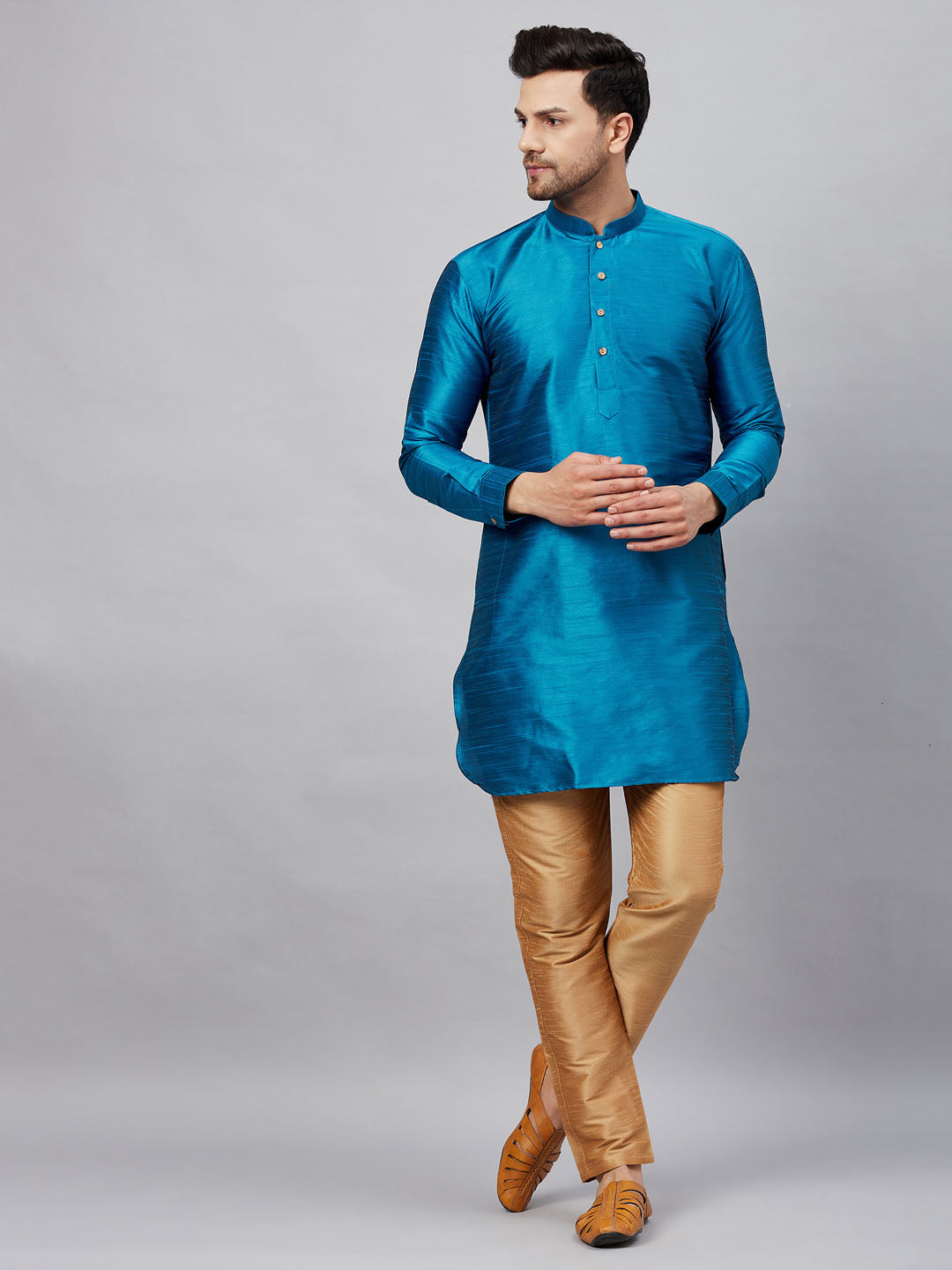 Vastramay mens turquoise blue silk blend kurta and rose gold pant style pyjama set