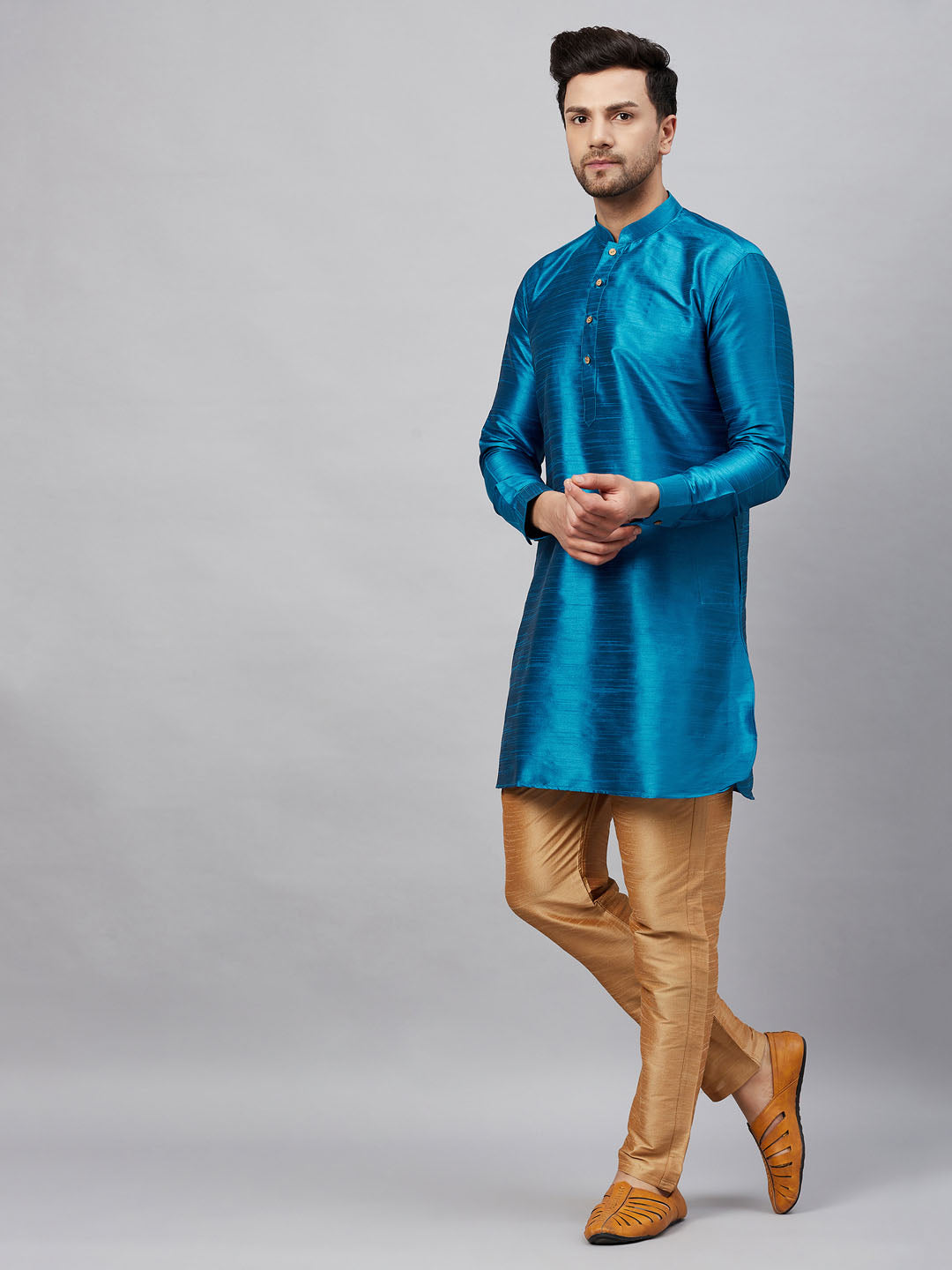 Vastramay mens turquoise blue silk blend kurta and rose gold pant style pyjama set