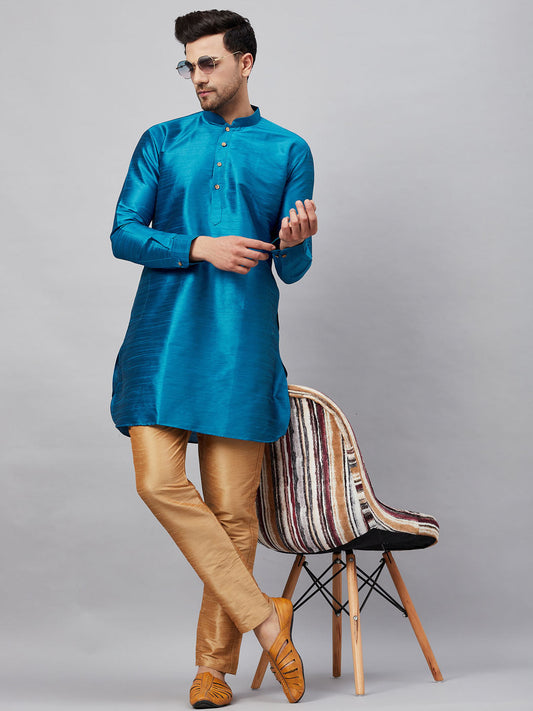 Vastramay mens turquoise blue silk blend kurta and rose gold pant style pyjama set