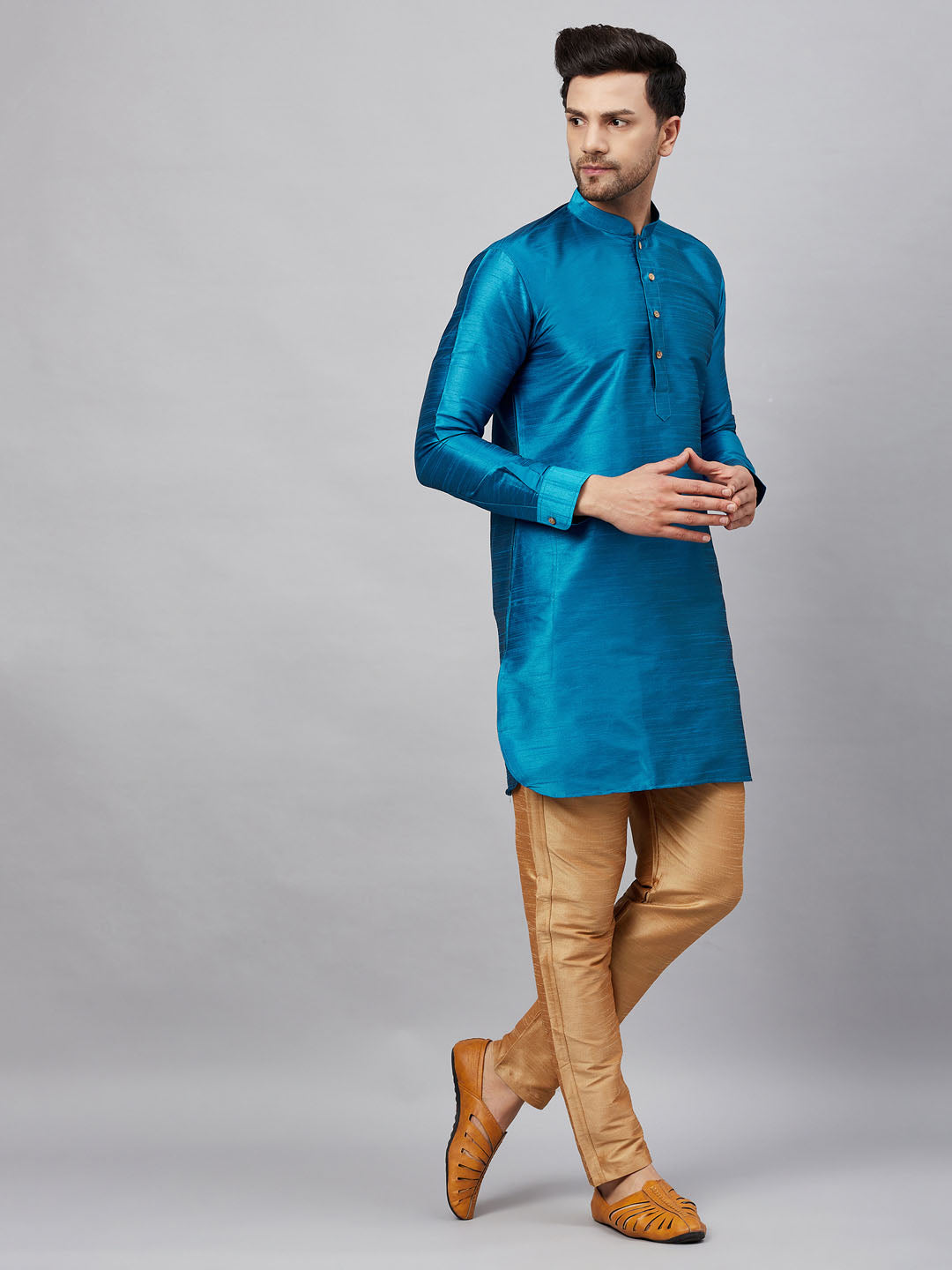 Vastramay mens turquoise blue silk blend kurta and rose gold pant style pyjama set