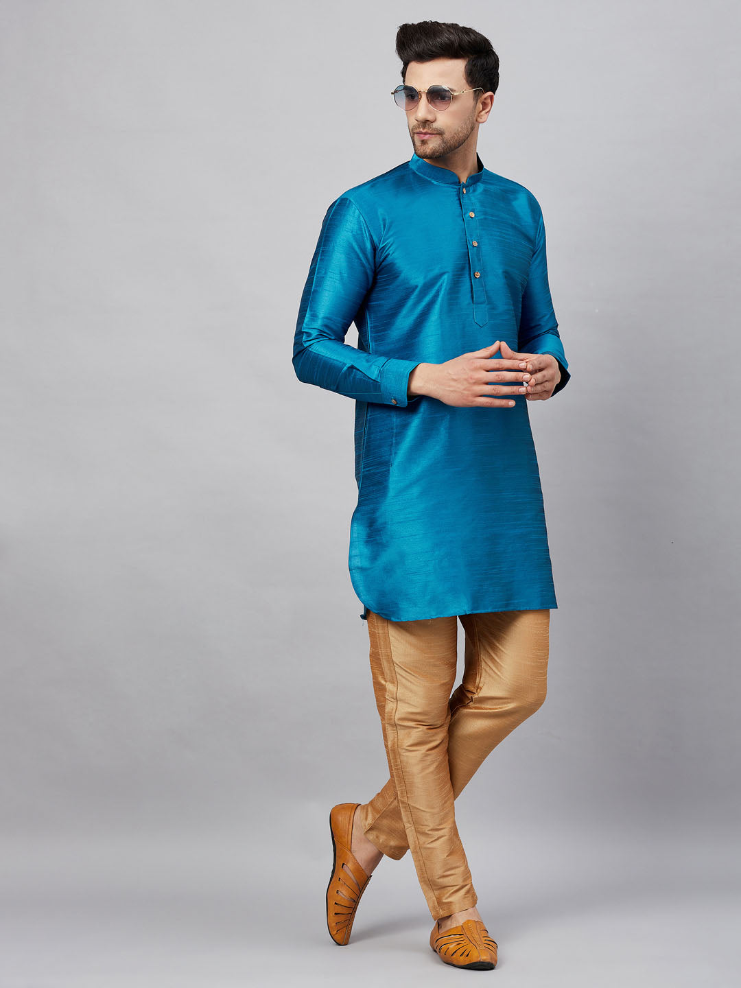 Vastramay mens turquoise blue silk blend kurta and rose gold pant style pyjama set