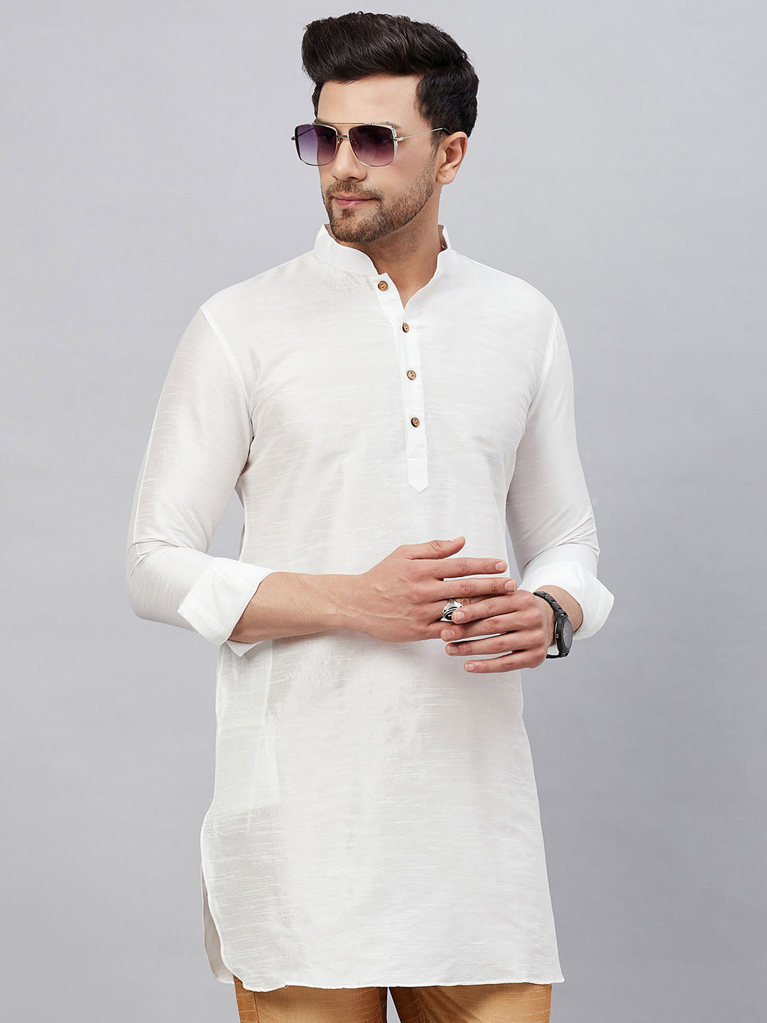 Vastramay Vastramay Men's White Silk Blend Curved Kurta