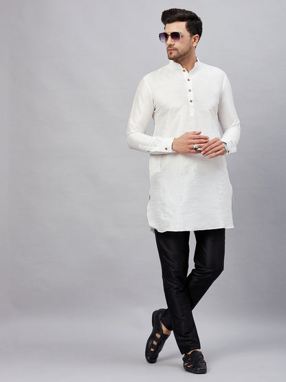 Vastramay mens white silk blend kurta and black pant style pyjama set