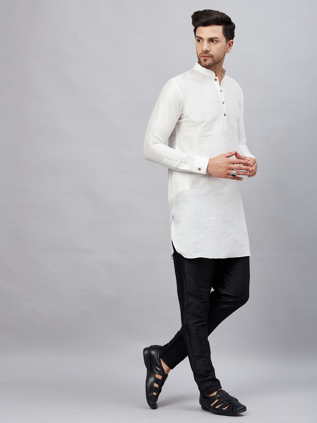 Vastramay mens white silk blend kurta and black pant style pyjama set