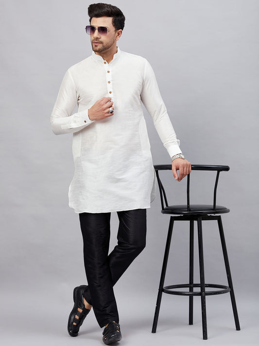 Vastramay mens white silk blend kurta and black pant style pyjama set