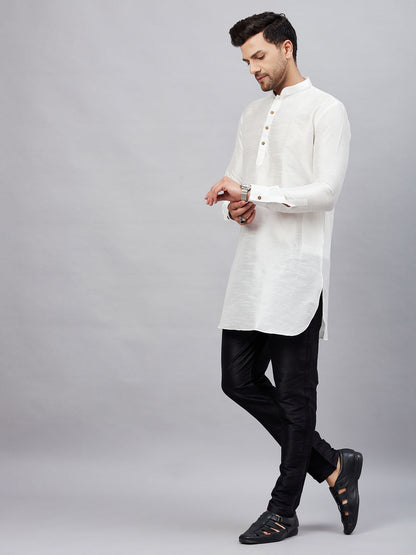 Vastramay mens white silk blend kurta and black pant style pyjama set