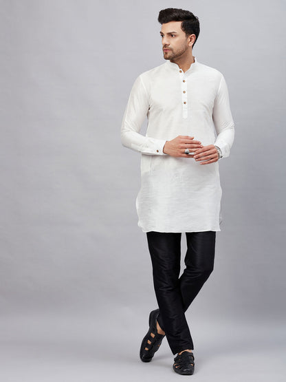 Vastramay mens white silk blend kurta and black pant style pyjama set