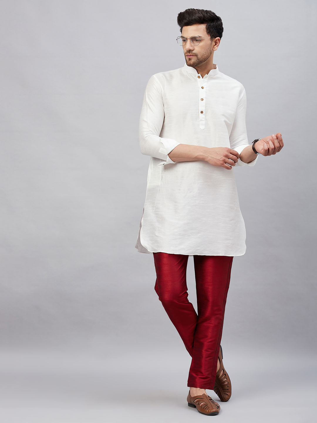 Vastramay mens white silk blend kurta and pant style pyjama set