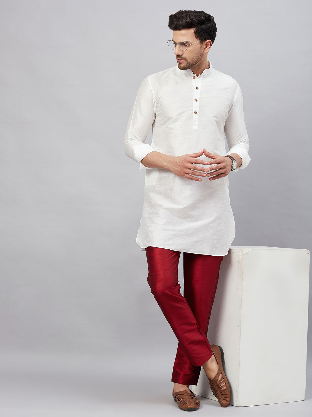 Vastramay mens white silk blend kurta and pant style pyjama set