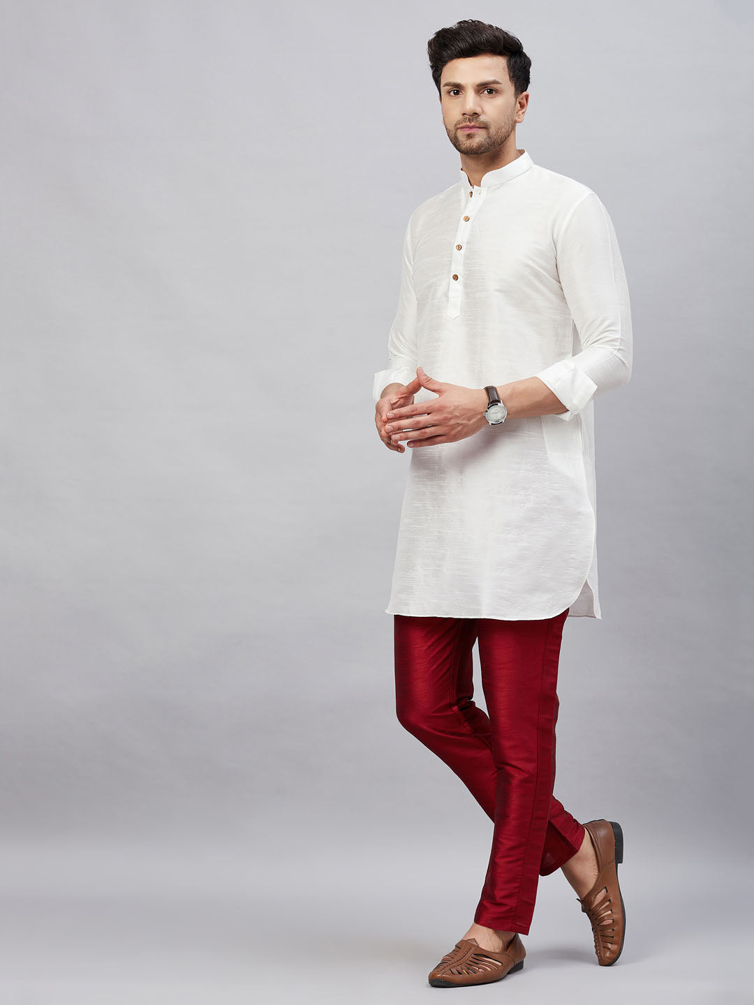 Vastramay mens white silk blend kurta and pant style pyjama set