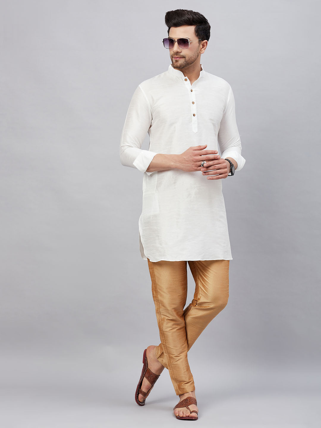 Vastramay mens white silk blend kurta and rose gold pant style pyjama set