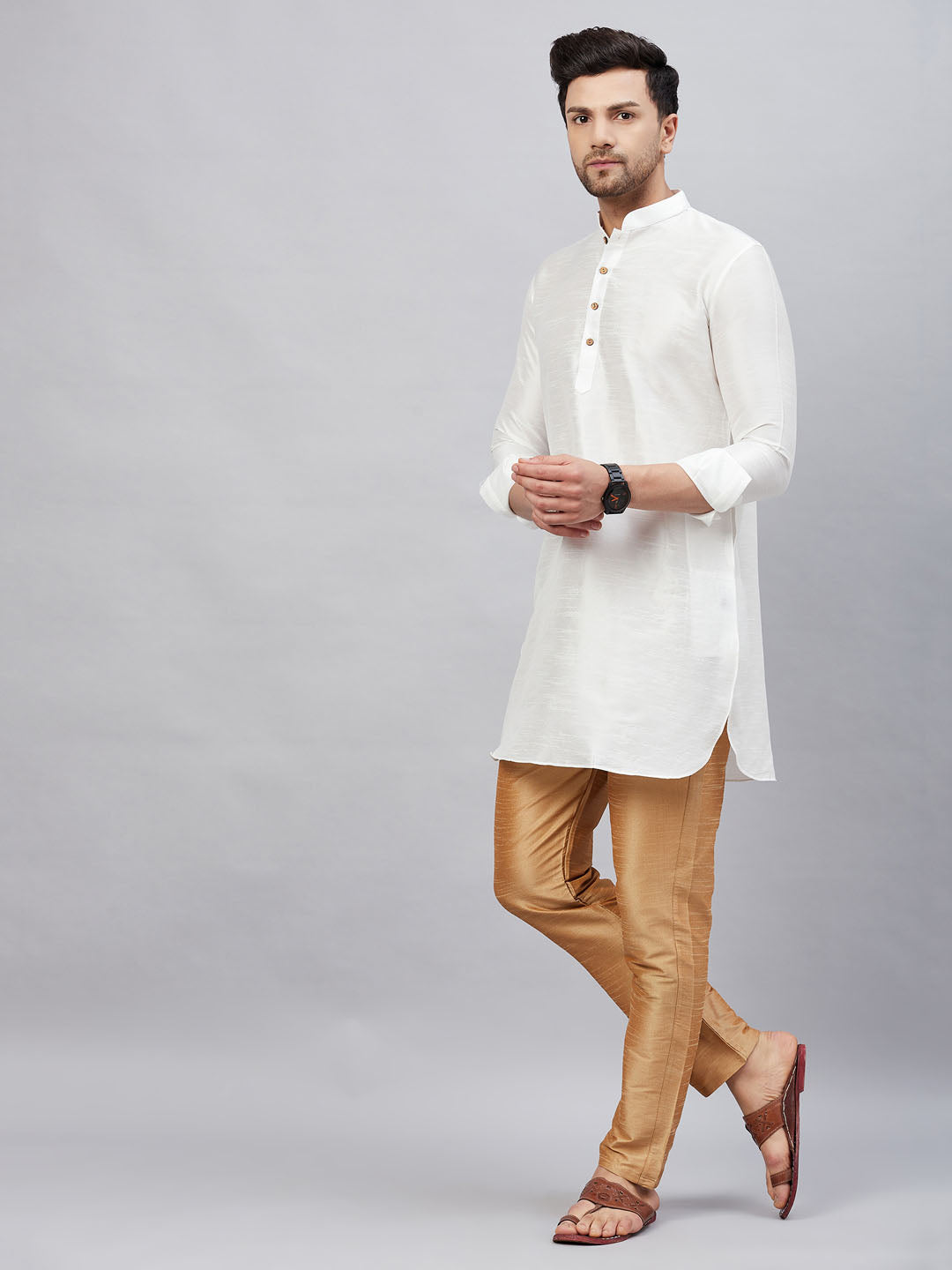 Vastramay mens white silk blend kurta and rose gold pant style pyjama set