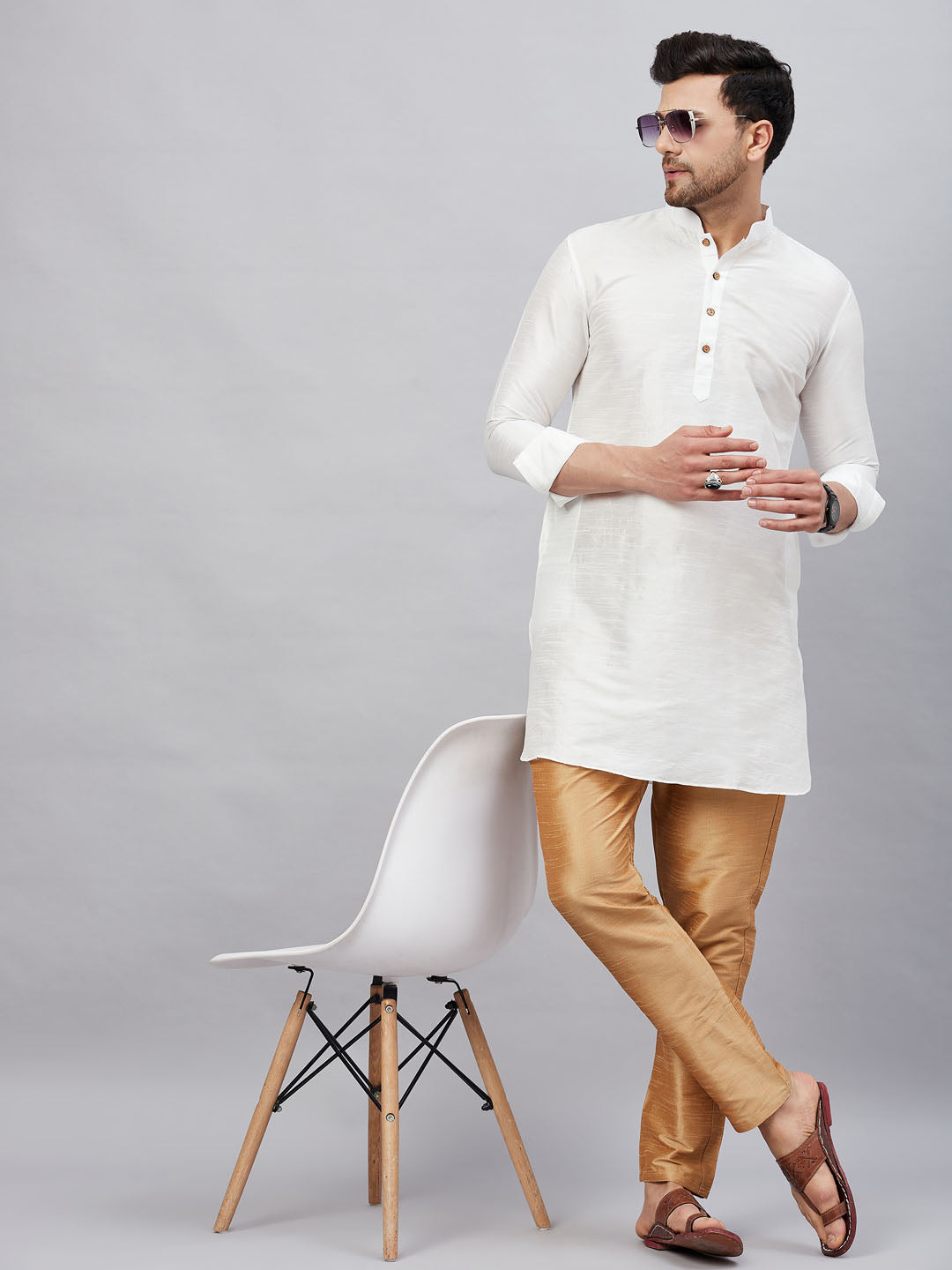 Vastramay mens white silk blend kurta and rose gold pant style pyjama set