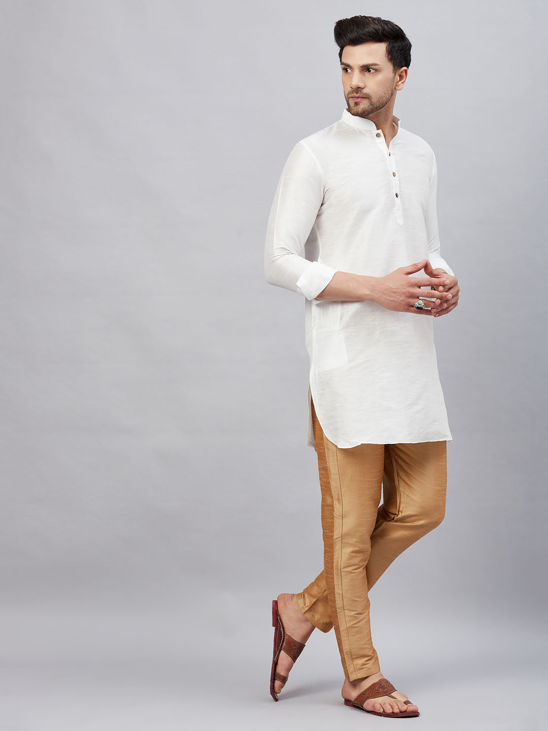 Vastramay mens white silk blend kurta and rose gold pant style pyjama set