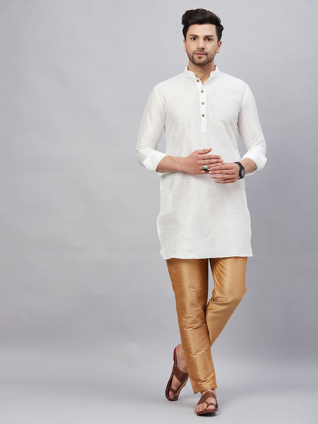 Vastramay mens white silk blend kurta and rose gold pant style pyjama set