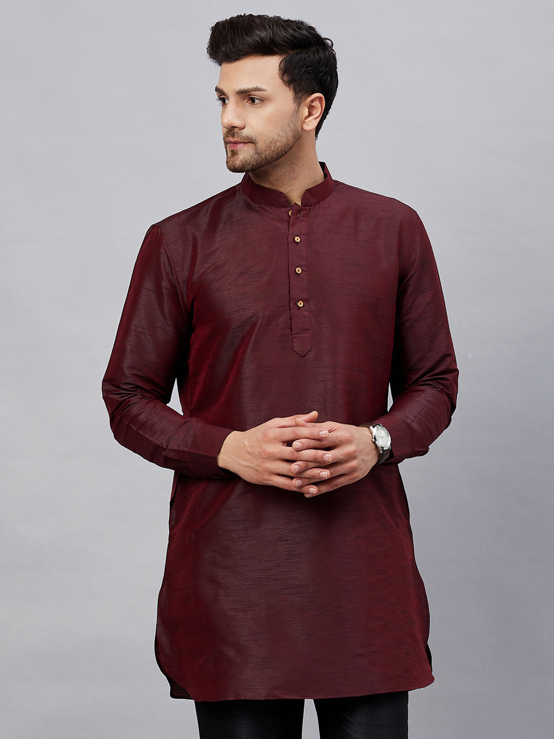 VASTRAMY Men's Burgundy Silk Blend Curved Kurta