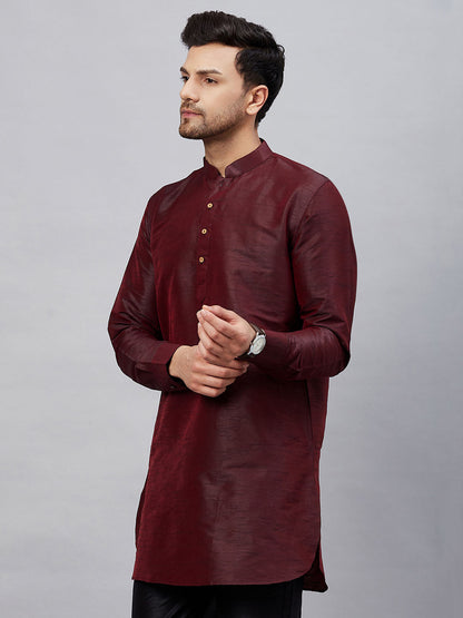 VASTRAMY Men's Burgundy Silk Blend Curved Kurta