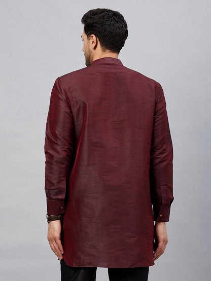 VASTRAMY Men's Burgundy Silk Blend Curved Kurta