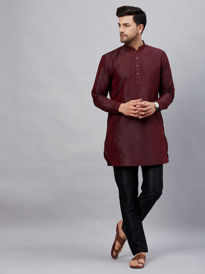 Vastramay mens wine silk blend kurta and black pant style pyjama set