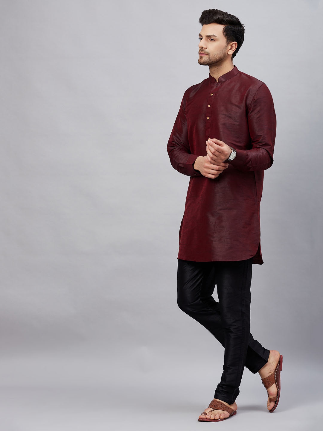 Vastramay mens wine silk blend kurta and black pant style pyjama set