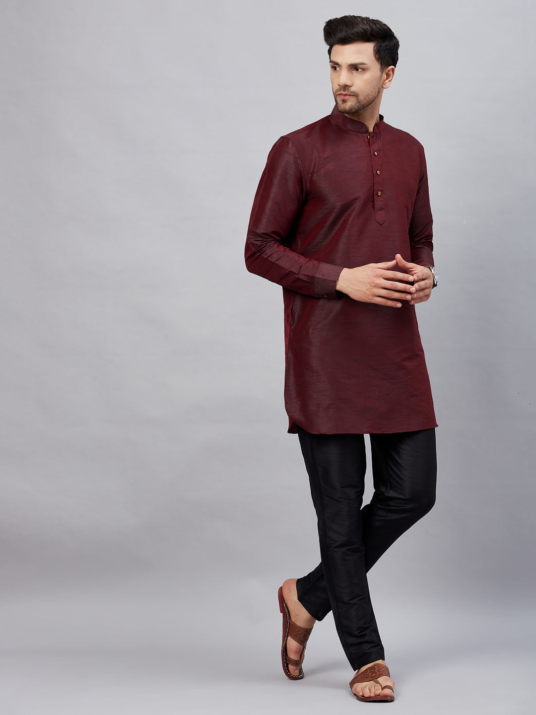 Vastramay mens wine silk blend kurta and black pant style pyjama set