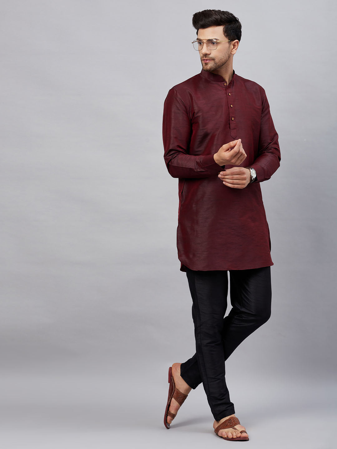 Vastramay mens wine silk blend kurta and black pant style pyjama set