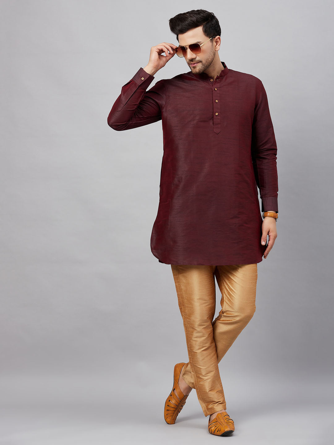 Vastramay mens wine silk blend kurta and rose gold pant style pyjama set