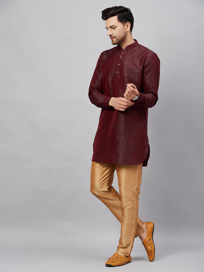 Vastramay mens wine silk blend kurta and rose gold pant style pyjama set