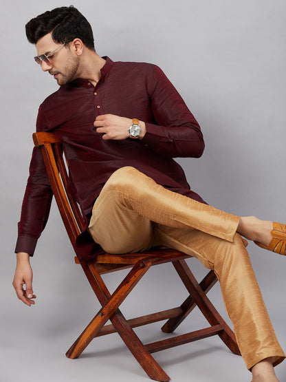 Vastramay mens wine silk blend kurta and rose gold pant style pyjama set