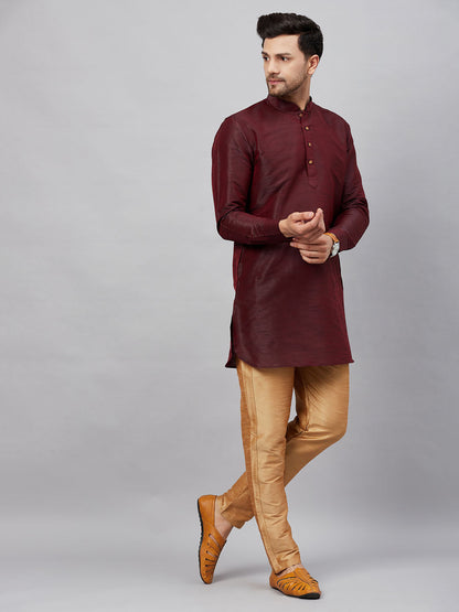 Vastramay mens wine silk blend kurta and rose gold pant style pyjama set