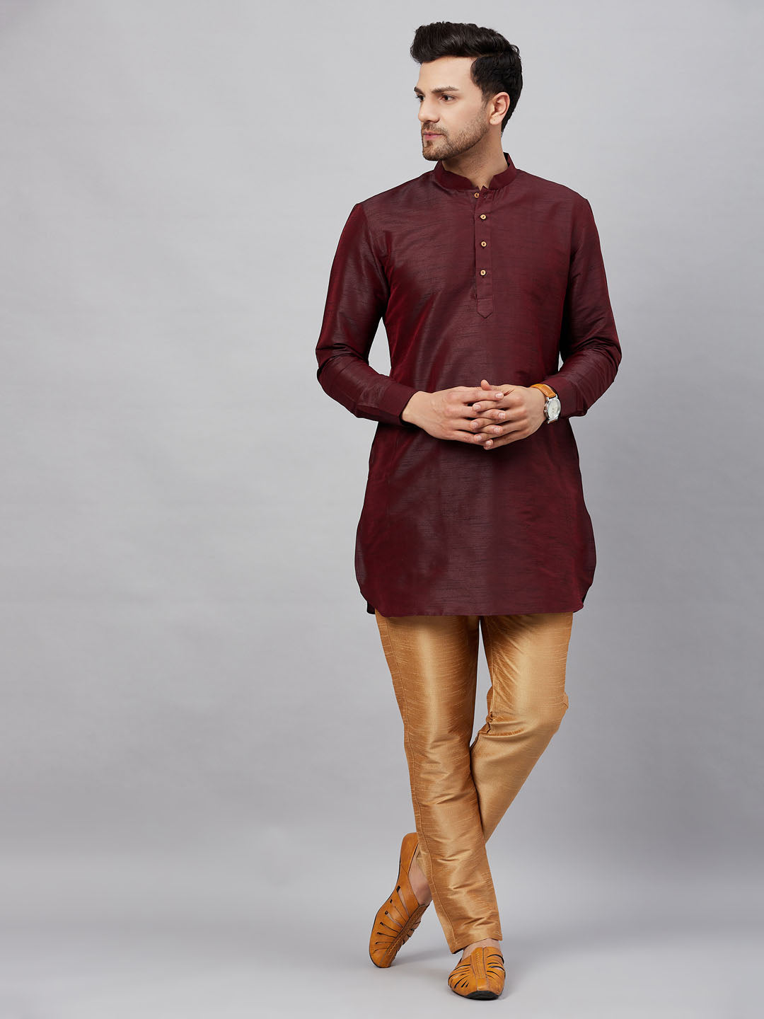 Vastramay mens wine silk blend kurta and rose gold pant style pyjama set