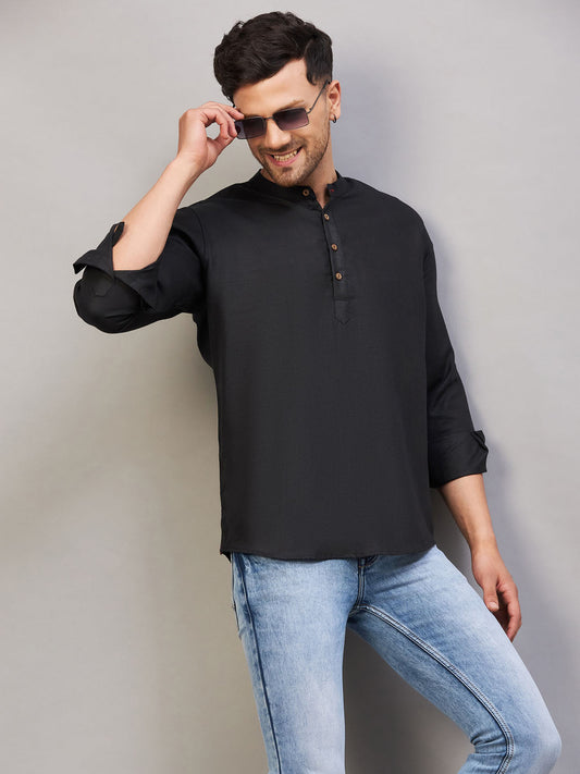 VM BY VASTRAMAY Men's Black Short Cotton Kurta