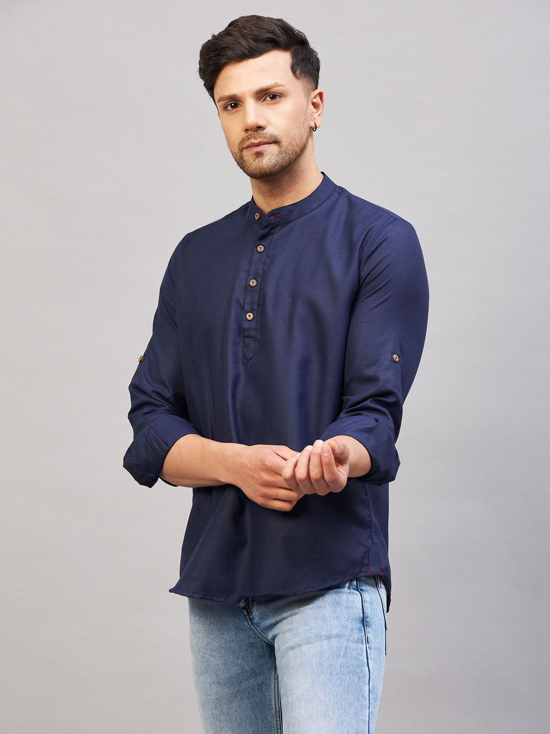 VASTRAMAY Men's Blue Short Cotton Kurta