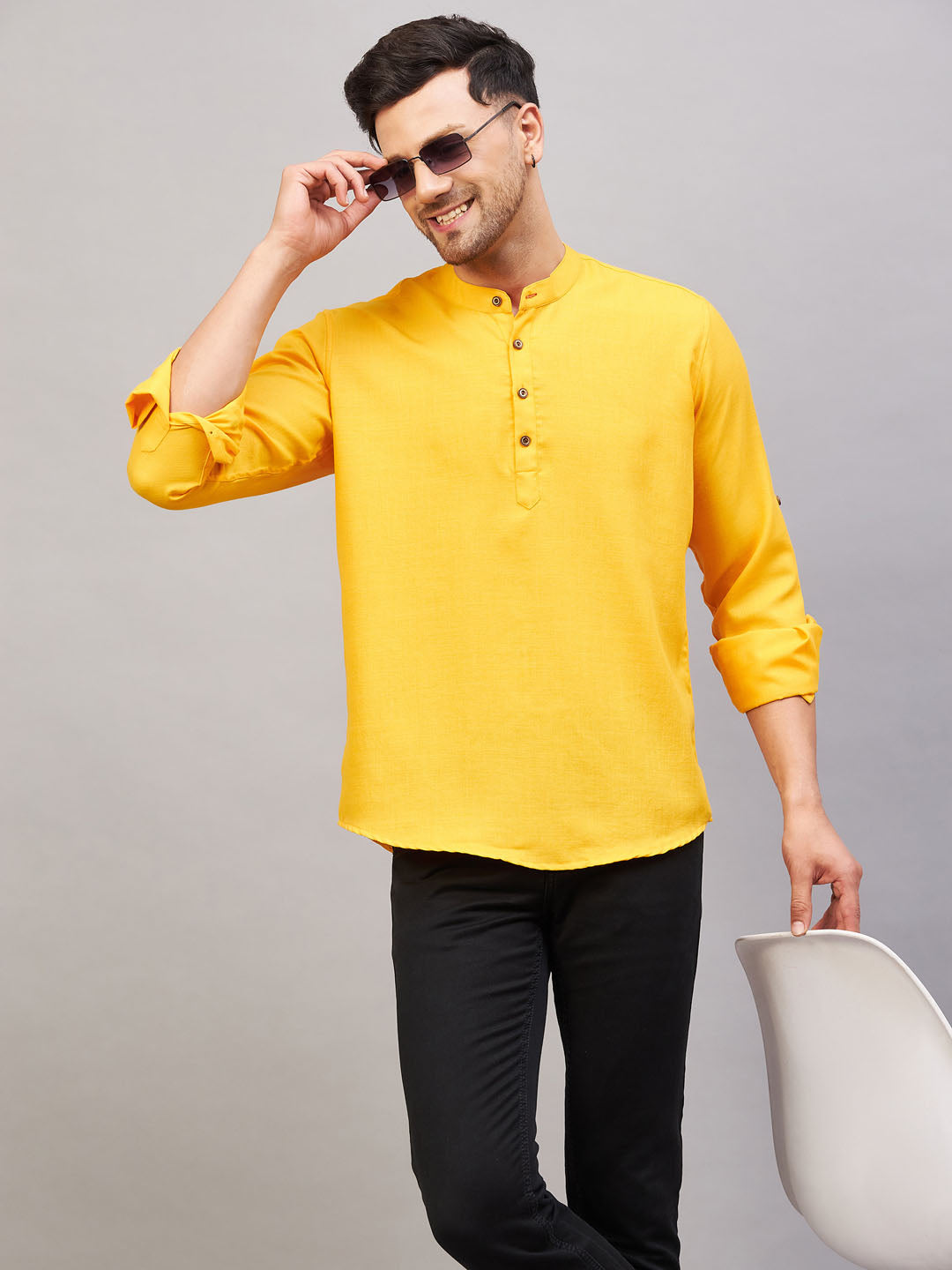 VM BY VASTRAMAY Men's Mustard Short Cotton Kurta