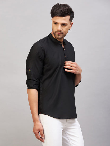 VASTRAMAY Men's Black Short Cotton Kurta