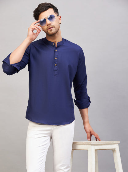 VM BY VASTRAMAY Men's Blue Short Cotton Kurta