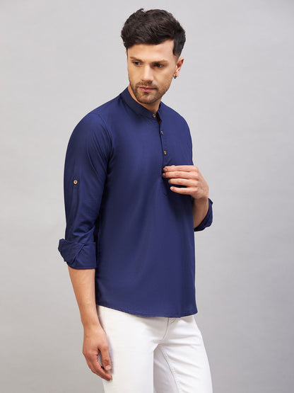 VASTRAMAY Men's Blue Short Cotton Kurta