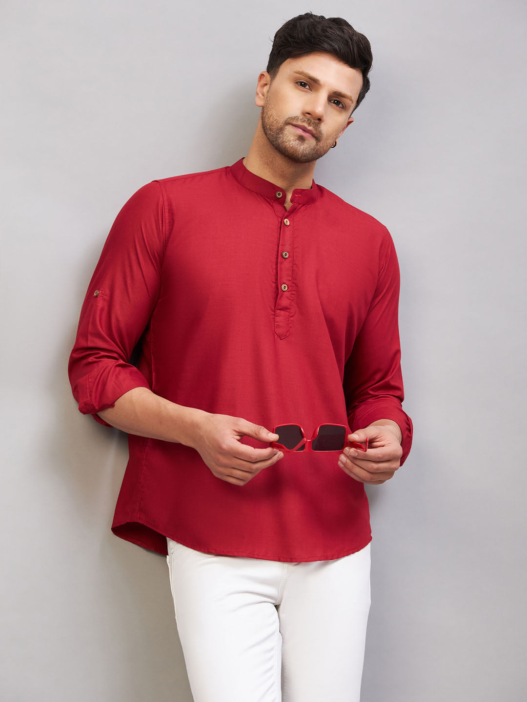 VM BY VASTRAMAY Men's Maroon Short Cotton Kurta