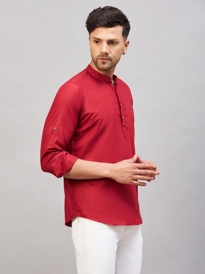 VASTRAMAY Men's Maroon Short Cotton Kurta