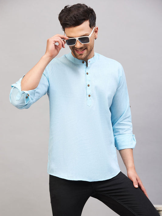 VM BY VASTRAMAY Men's Aqua Short Cotton Kurta