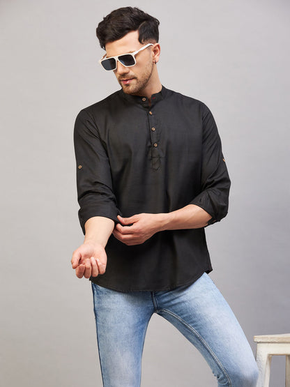 VM BY VASTRAMAY Men's Black Short Cotton Kurta