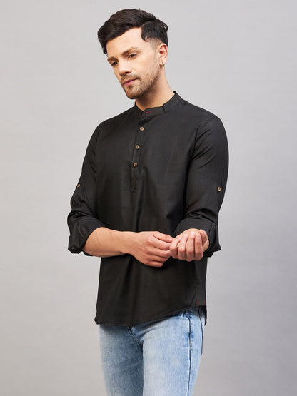 VASTRAMAY Men's Black Short Cotton Kurta